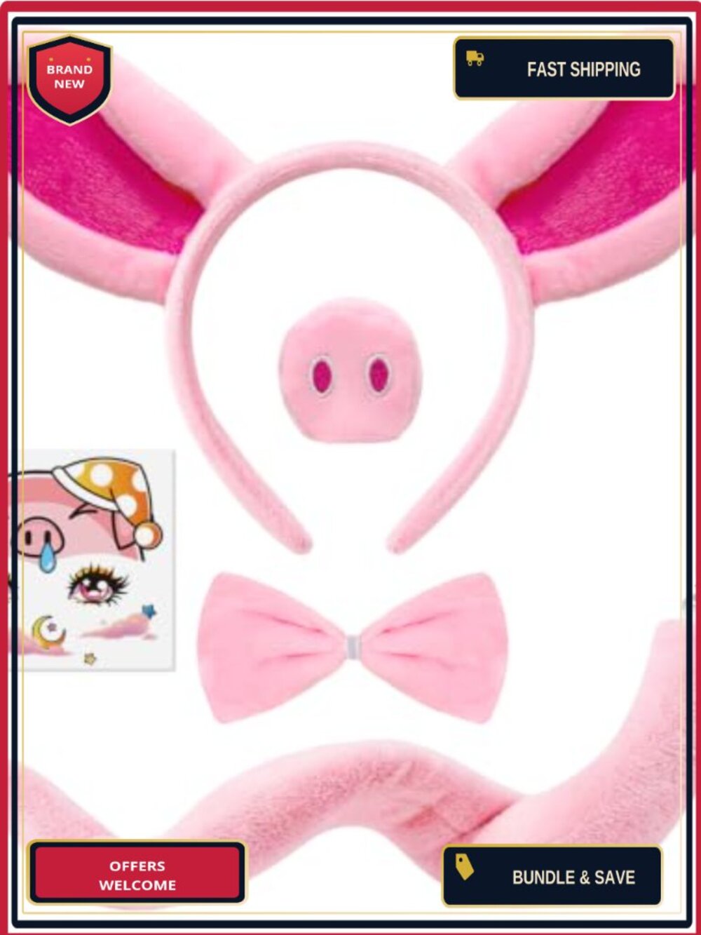 Pig Costume Set Womens Pig Ears Headband Snout Tail Farm Animal Accessory